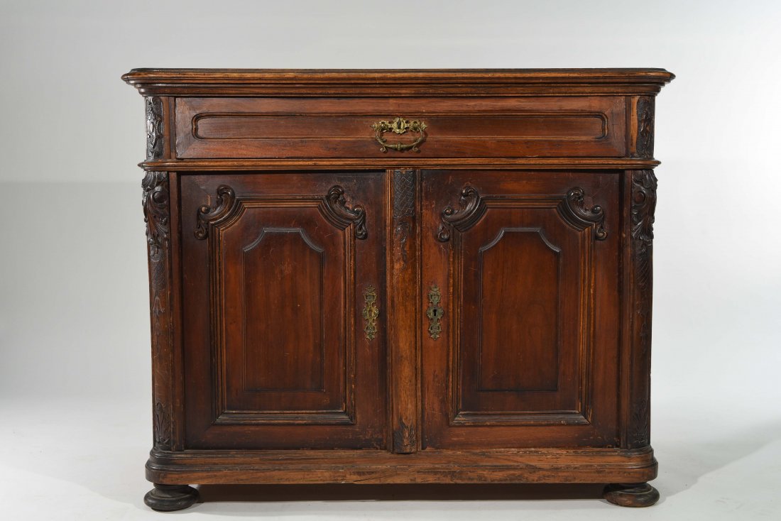 MARBLE TOP COMMODE: Dimensions: H 36" x W 43.5" x D 22" Condition: Flea bites to edges of marble. 1" chip to back edge of marble (barely visible). Scratches, nicks, and dings to wood. Crack in lower front of base (does n