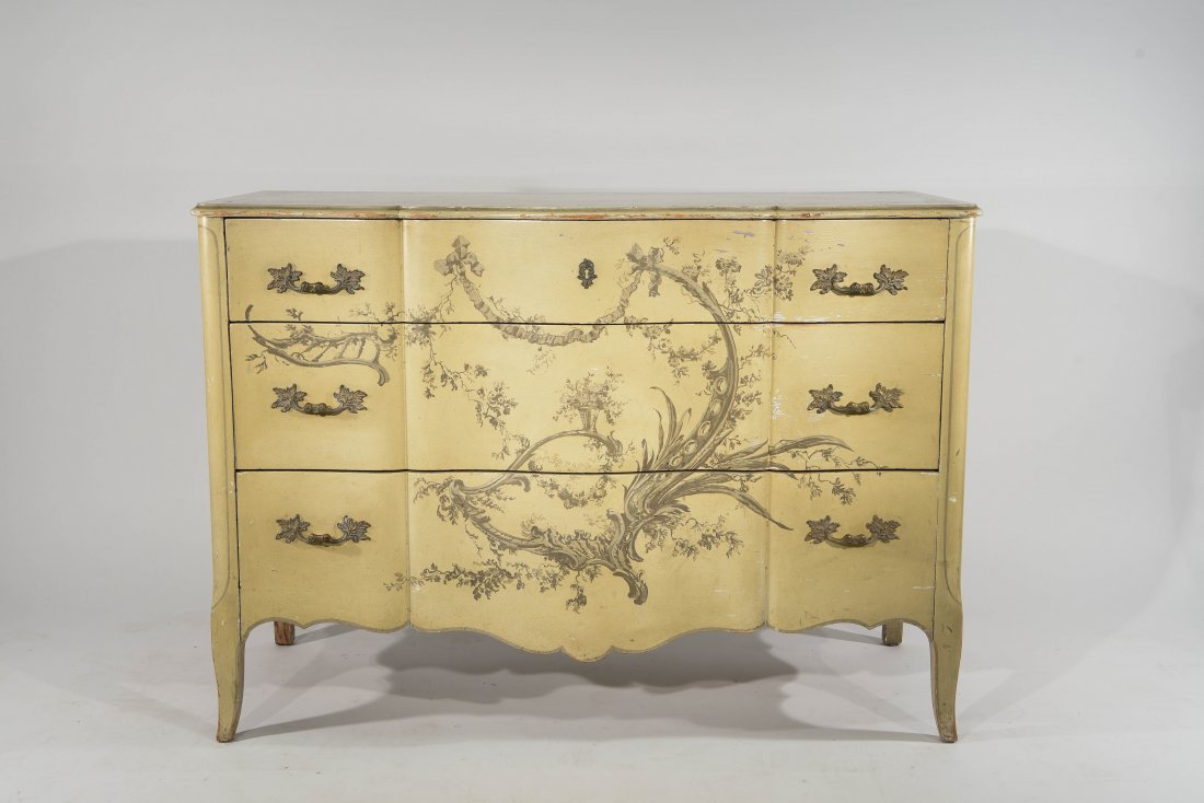 PAINT DECORATED CHEST: Dimensions: H 33.5" x W 47.25" x D 20.25" Condition: Some light wear, especially to the edges. Few dings here and there.