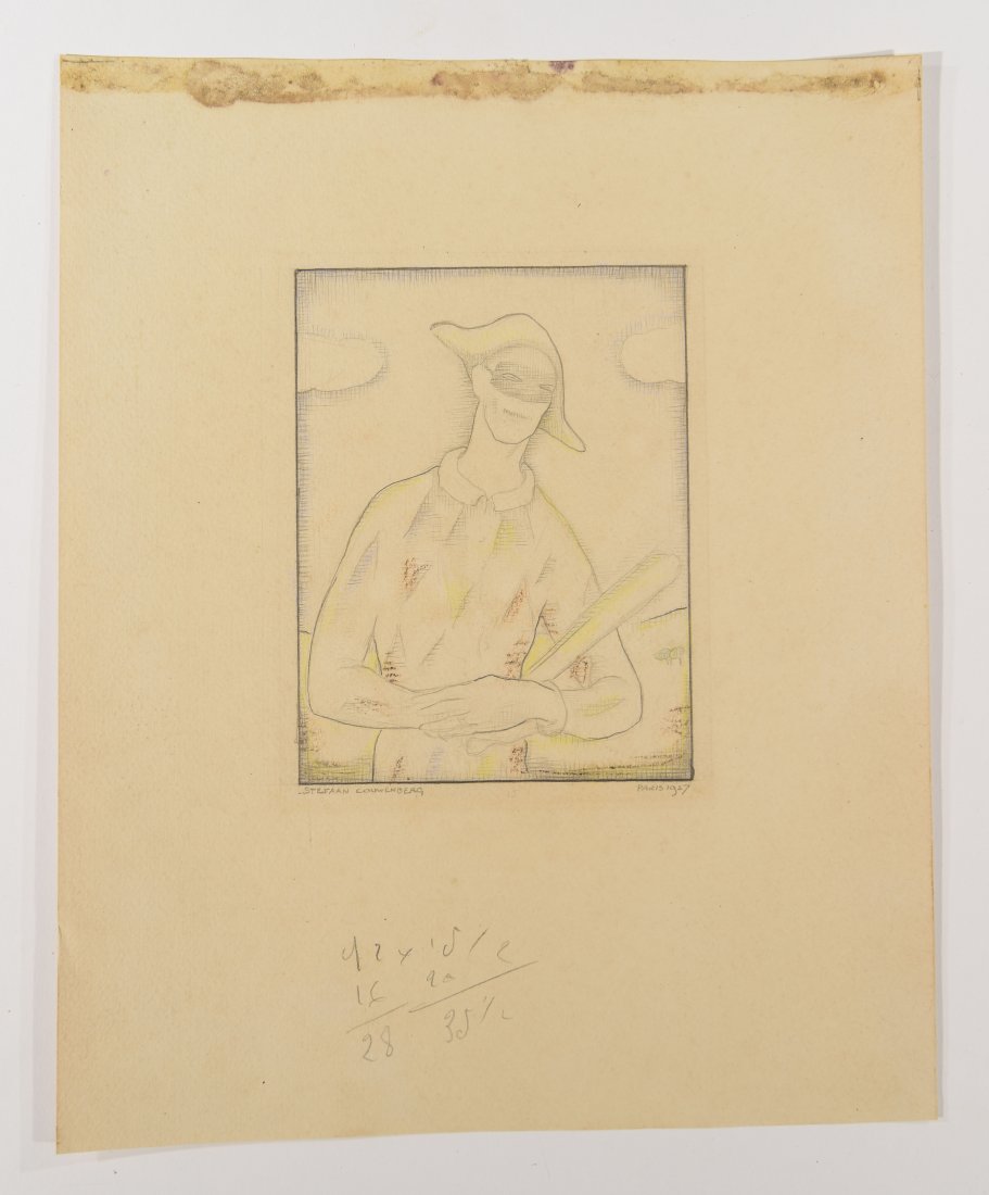 STEFAAN COUWENBERG (DUTCH 1892-1981): Untitled (mask harlequin holding a stick.), 1927 Color pencils on paper, signed STEFAAN COUWENBERG, Paris, and date. Dimensions: paper 12" x 9 1/2", image H5 3/4" x W 4 3/8" Condition:glue residue on 