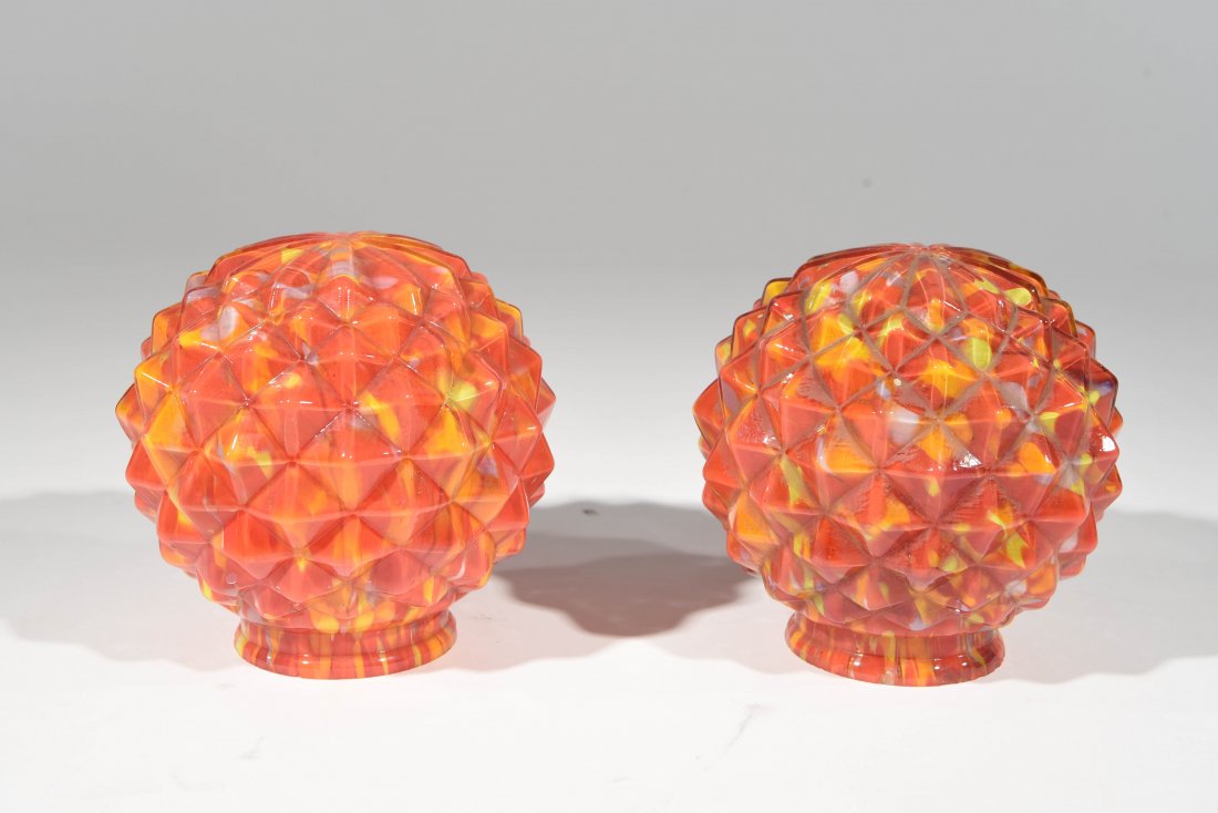 PAIR OF ART DECO END OF DAY GLASS SHADES: Each globe has a textured pattern. Dimensions: H 6" x D 7"