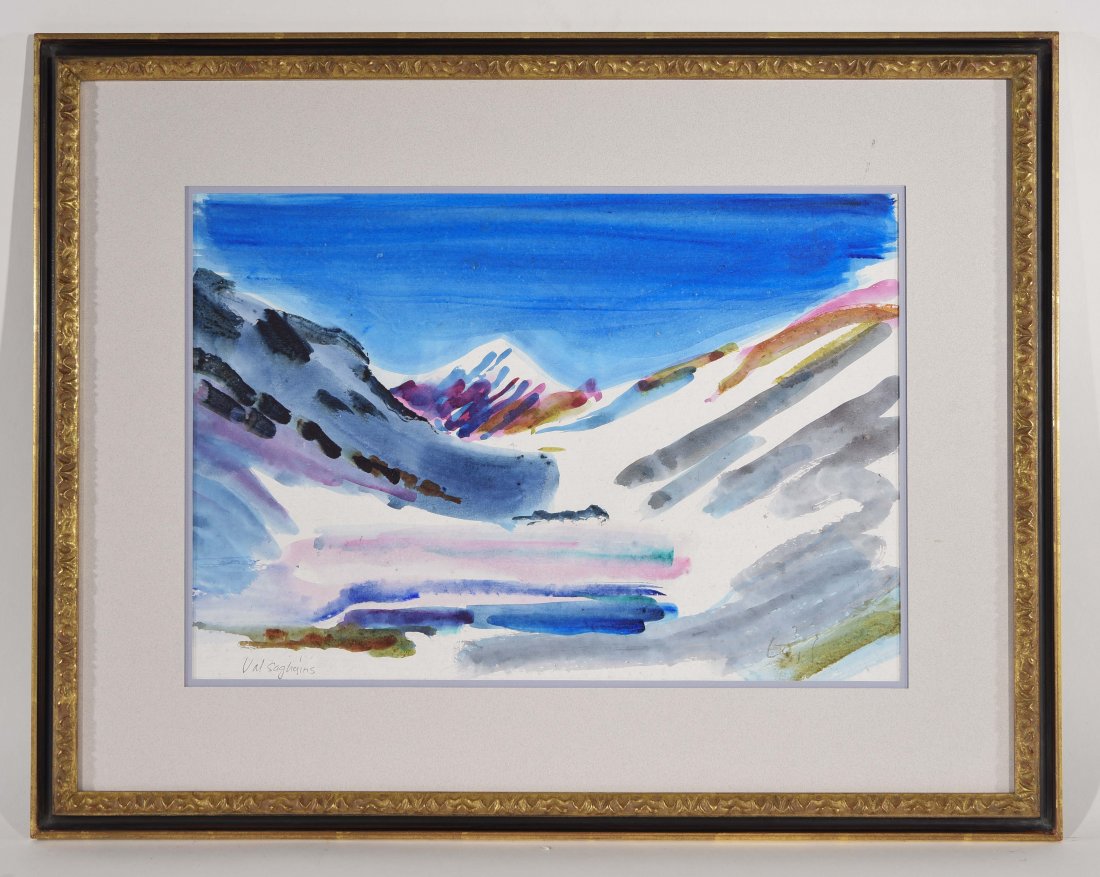 20TH CENTURY ARTIST: VAL SAGHAINS Untitled (snow top mountains.) Watercolor on paper, signed lower left side. Dimensions: Framed H20 3/4" x W 25.5", sight H 2.1/4" x W17 1/4"