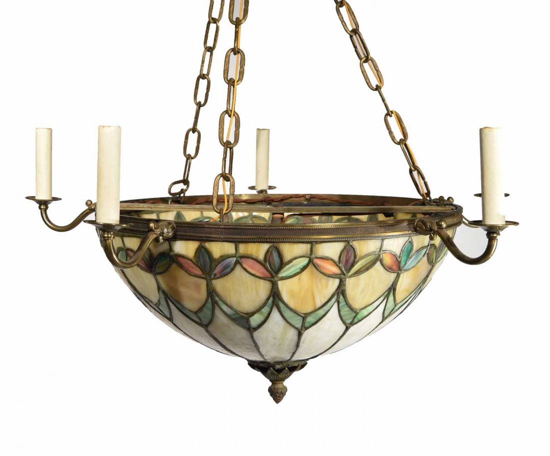 STAINED GLASS AND BRONZE CHANDELIER (1 of 6)
