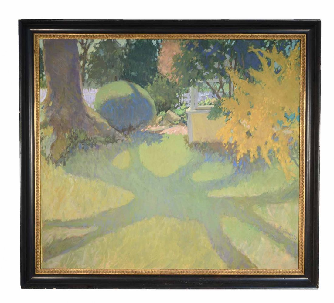 K. GLOVER (AMERICAN): Untitled (impressionist back yard.), 1991 Oil on canvas, signed and dated lower right Dimensions: Frame H 36.5" x W 40.5", Sight H 31.5" x W 35.5"