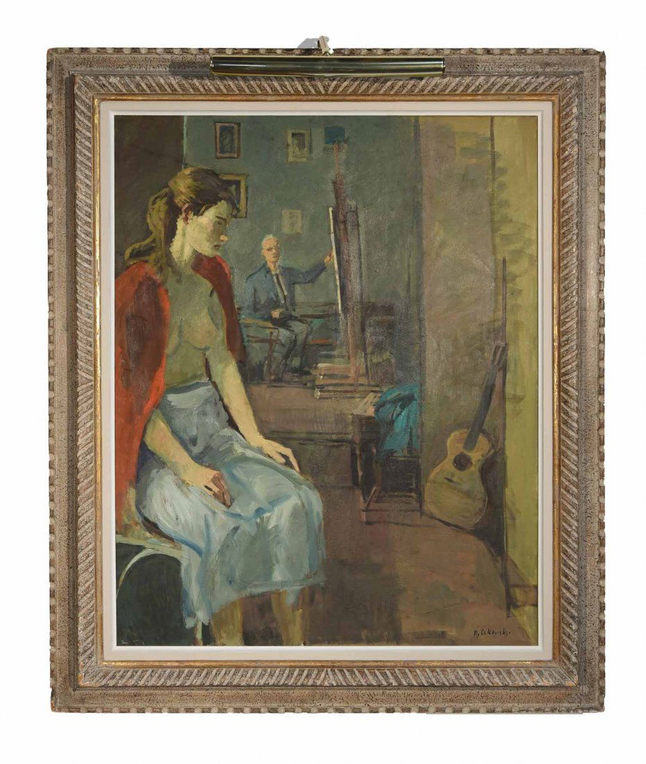 NICOLAI CIKOVSKY (POLISH/AMERICAN 1894-1984): Untitled (model in artist studio.) Oil on canvas, signed lower right. Dimensions: Frame H 43" x W 36", Sight H 34.25" x W 27.5"