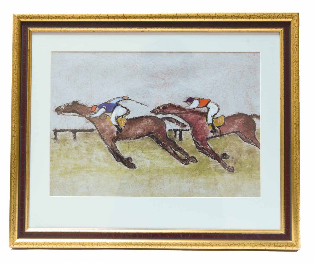 IVAN KURACH (UKRANIAN / ITALIAN 1909-1968): Untitled (two jockey on a horses.), 1958 Color pastel and watercolor on paper, not signed Dimensions: Framed H 18.5" x W 22.5", sight H 11 1/4" x W 16.5" Note: see label on the verso.
