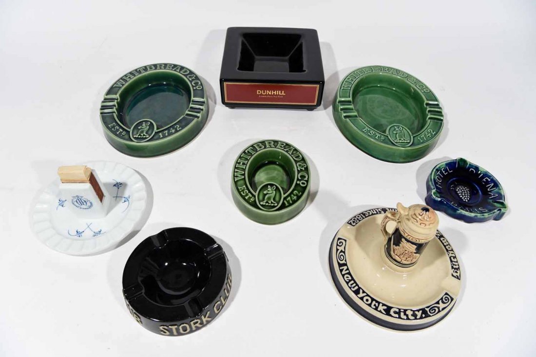 VINTAGE ADVERTISING ASHTRAYS: Dimensions: Square H 2.5" x W 7.5" x D 7.5" Eight pieces, mostly ceramic ones, Dunhill, Luchows, stork club, etc…1940s-1970s