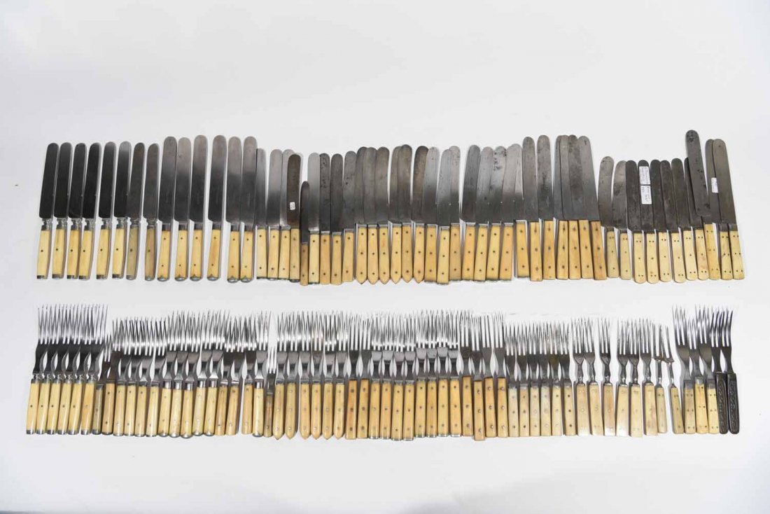 AMERICAN BONE HANDLE CUTLERY GROUPING: Dimensions: 9.50" knife, one hundred-forteen pieces, makers include John Russell, Lamson & Goodnow, Meriden Cutlery, Wyoming Cutlery, Brandon Cutlery, etc…1850s-1890s