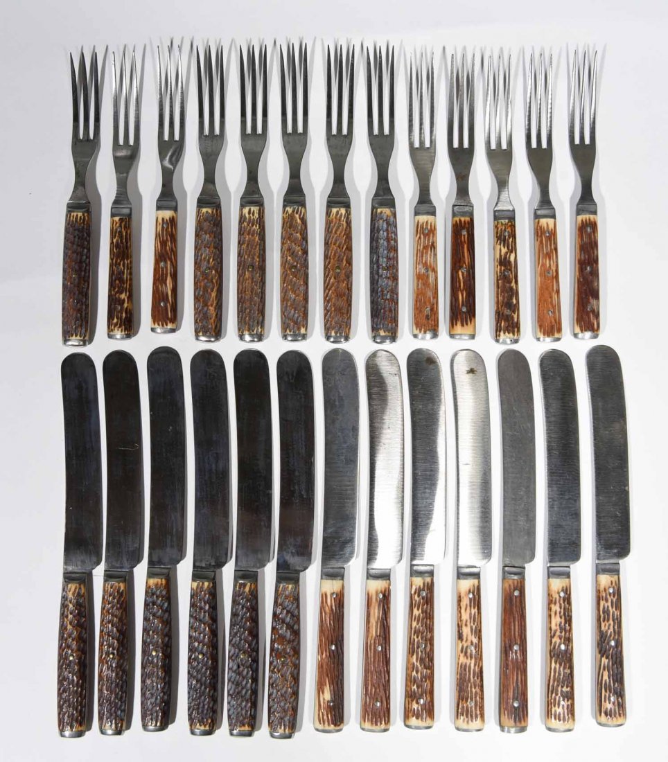 AMERICAN JIGGED BONE HANDLE CUTLERY: Dimensions of fork: 9 " knife, twenty-six pieces by Hudson Cutlery Co. 1860s-1880s
