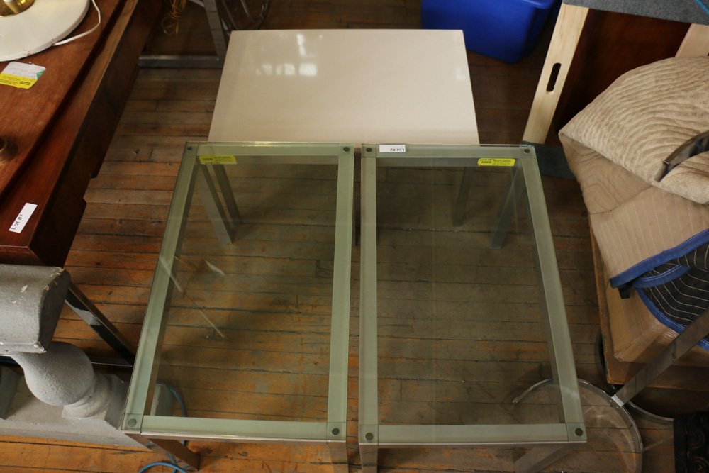 (3) Glass and metal end tables: In the manner of Paul Mayan and knoll. Dimensions: H 20.5" x W 30" x D 18"