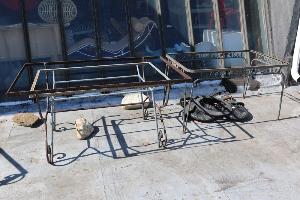 Three wrought iron tables: including one in the manner of George Nelson Dimensions: H 29" x W 60" x D 36"