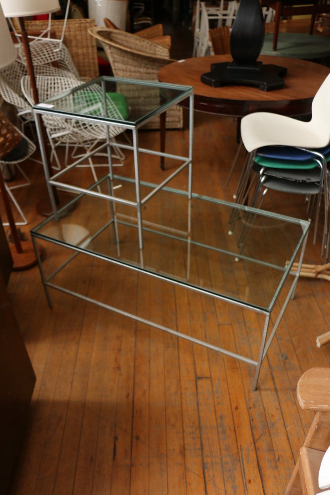 Two steel and glass occasional tables: Two steel and glass occasional tables