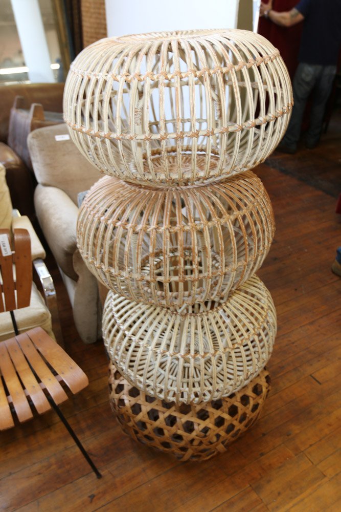 Rattan ottomans in the manner of Franco Albini: Rattan ottomans in the manner of Franco Albini
