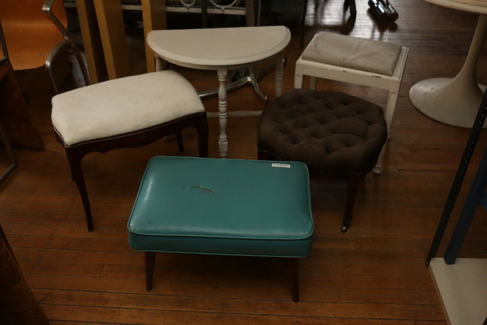 Grouping of ottomans and side table: Grouping of ottomans and side table