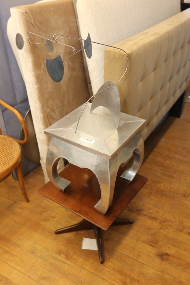 Two side table one wood, one aluminum clad, and (1 of 6)