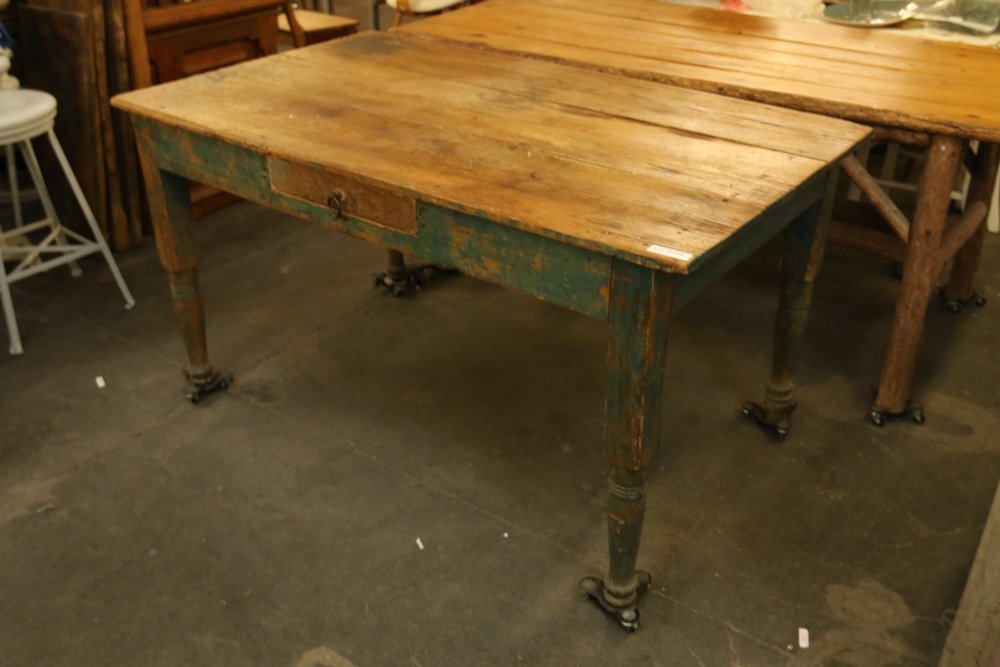 Natural and blue painted base pine dining table. (1 of 5)