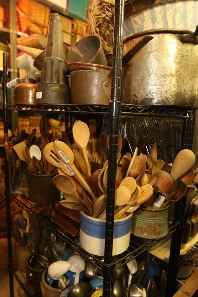 shelf group of enamel cookware, wooden spoons, (1 of 8)