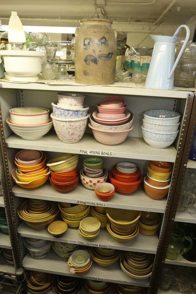 Grouping of yellow ware mixing bowls, spongeware, (1 of 10)