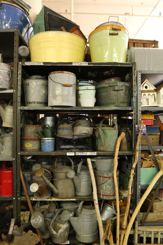 Five shelves of vintage metal watering pails, and (1 of 6)