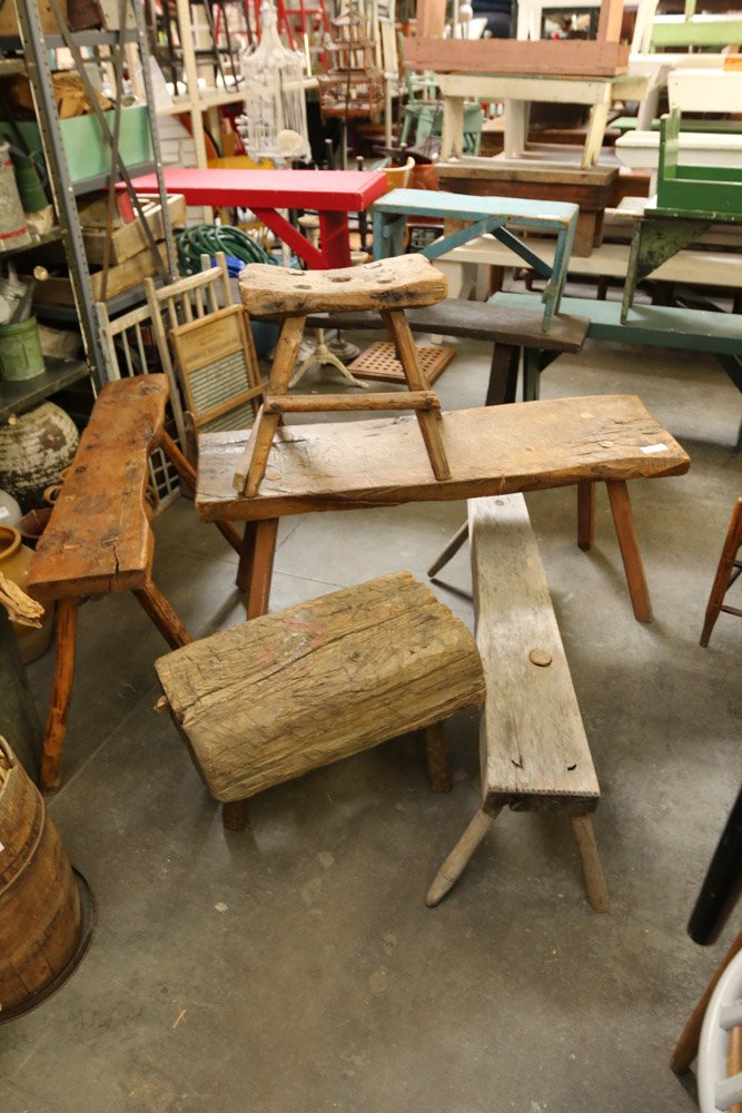 Lot of five rustic assorted wooden benches. (1 of 6)