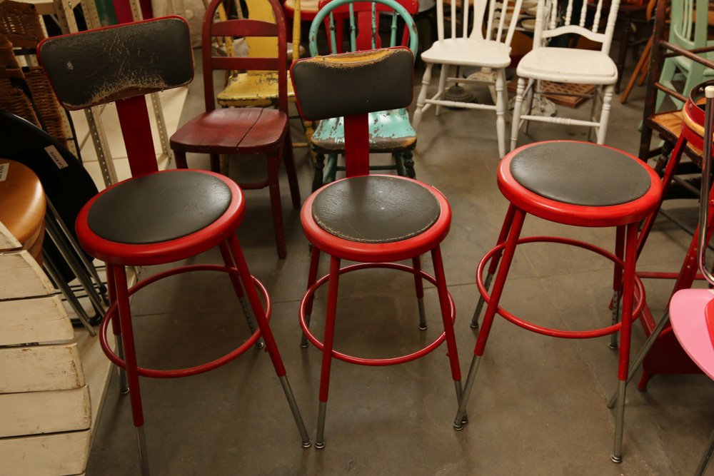 (3) red painted metal industrial stools (1 of 4)