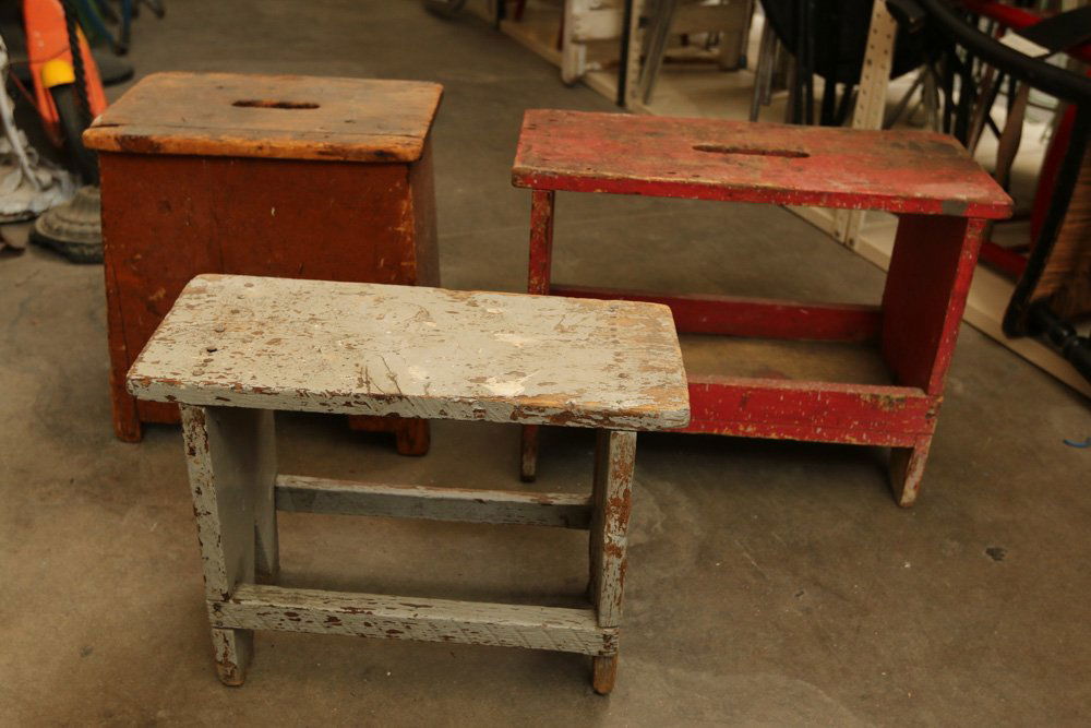 Three small pine cobbler stools, one grey, one (1 of 7)
