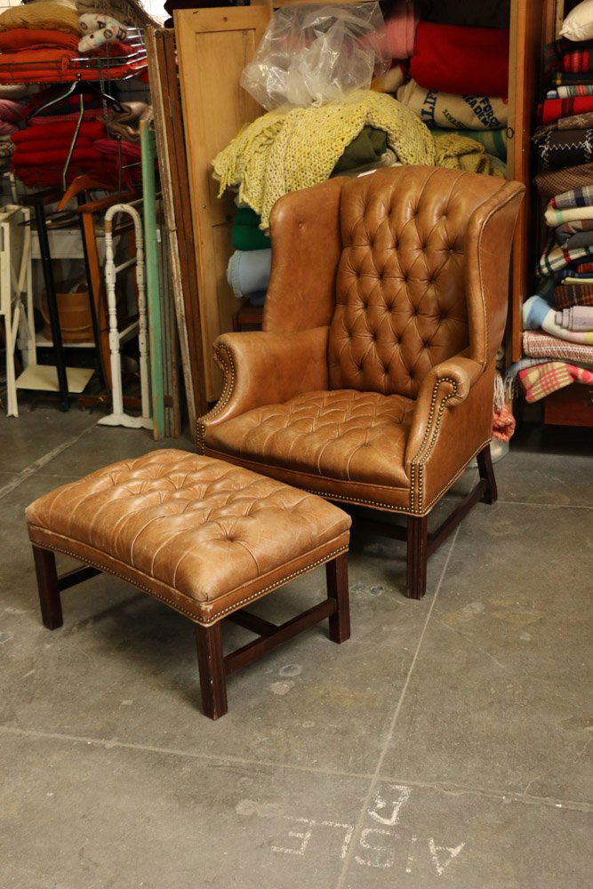 Old hickory leather tufted wing chair and ottoman (1 of 10)