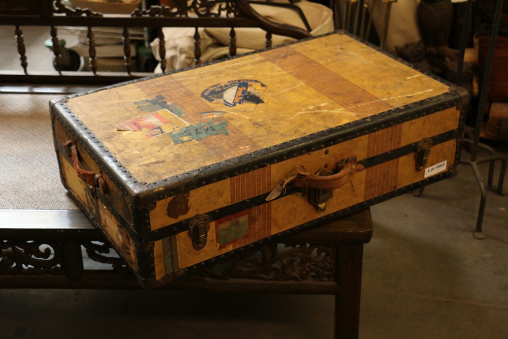 Vintage cloth and metal striped steamer trunk. (1 of 7)