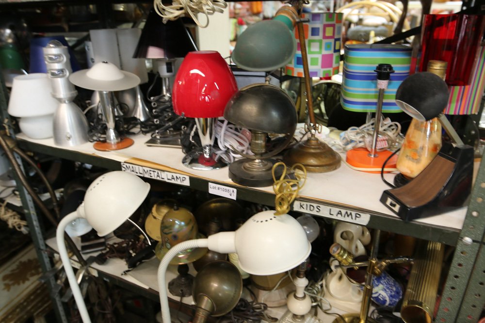 Two shelves of small lamps incl metal industrial, (1 of 10)