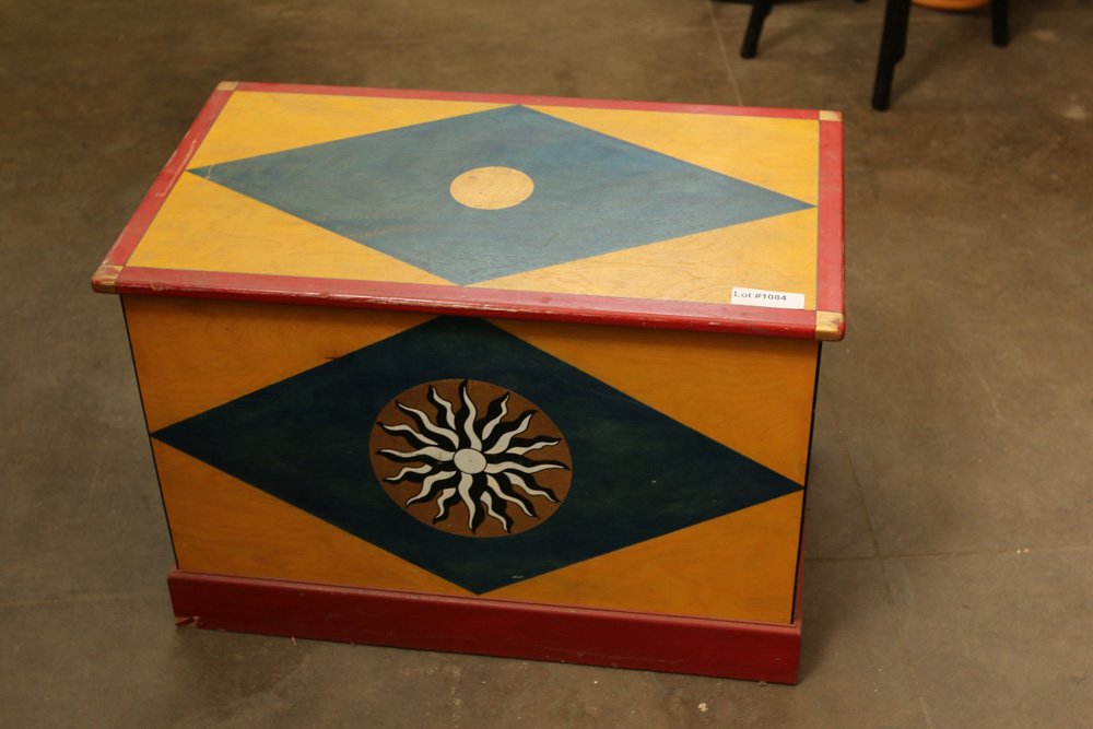 Painted toy chest with yellow, red and blue (1 of 5)