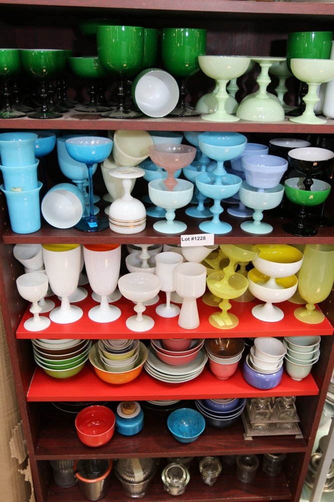 Large grouping of assorted opaline and glass: goblets.Dimensions: Largest H 8"