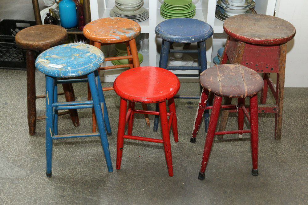 Seven vintage wood stools in assorted colors. (1 of 6)