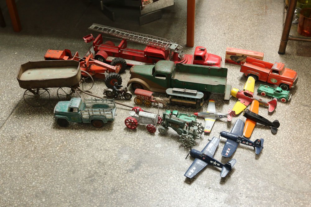 Grouping of metal kids toys incl fire truck, (1 of 10)