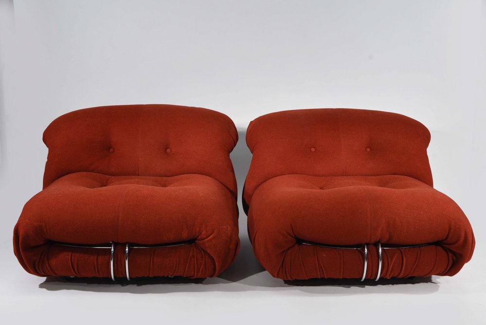 AFRA AND TOBIA SCARPA SORIANA LOUNGE CHAIRS: With Cassina labels. Red upholstery Dimensions: H 26" x W 38" x D 40" Condition: Some stains to upholstery on sides of chairs