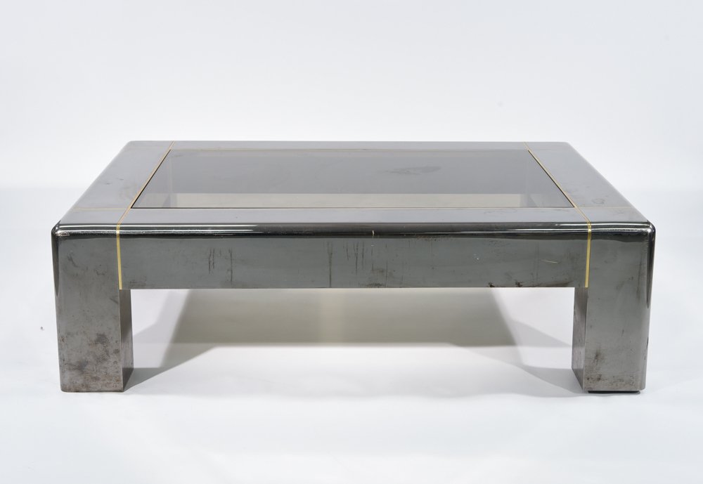 STEEL, BRASS & SMOKED GLASS COFFEE TABLE (1 of 7)