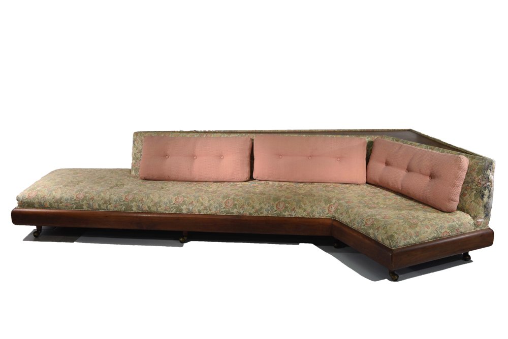 ADRIAN PEARSALL BOOMERANG SOFA: Dimensions: H 23" x W 126" x D 66" Condition: Some water marks on wood, Wear to upholstery on edges, one edge severely worn and frayed, needs re-upholstering.