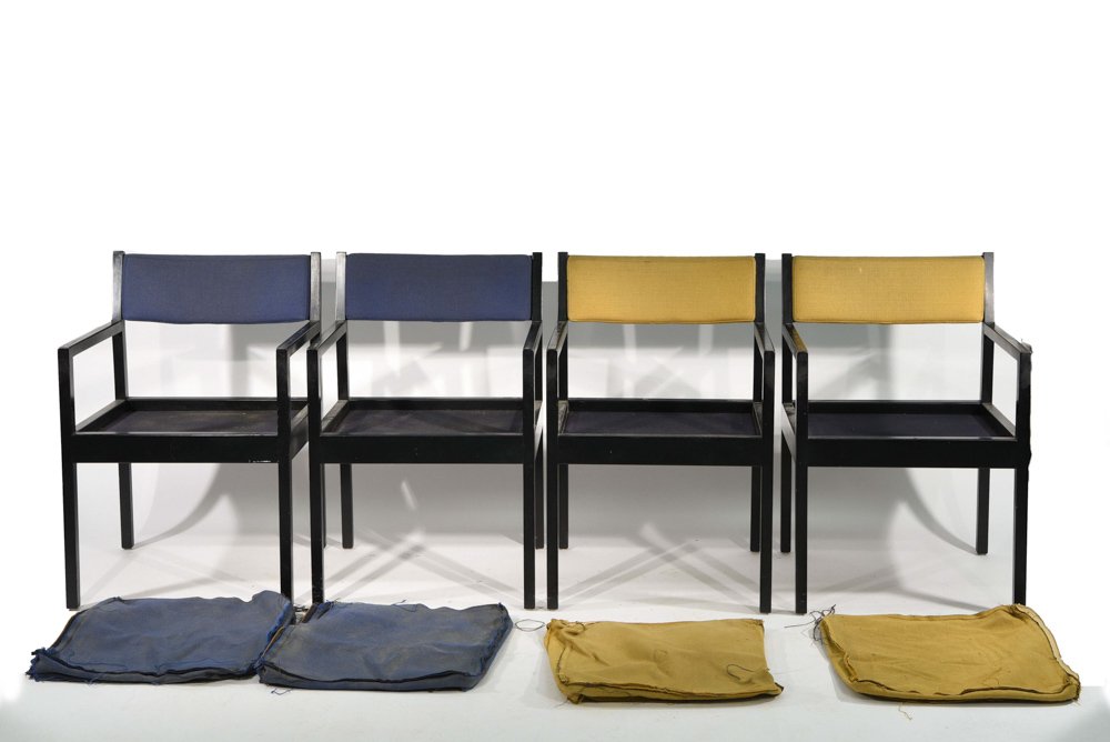(4) HERMAN MILLER; GEORGE NELSON ARMCHAIRS: Dimensions: H 31.25" x W 21" x D 21" Condition: All four chairs missing seat foam, foam to seat back is hard, marks and wear to wood throughout all four.