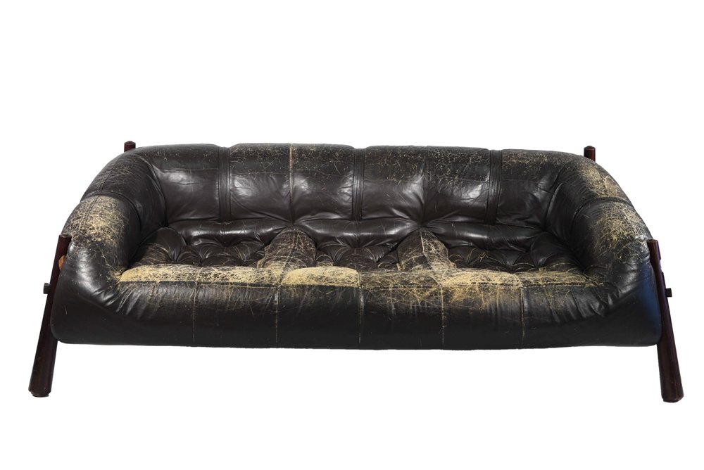 PERCIVAL LAFER ROSEWOOD SOFA: Dimensions: H 28" x W 72" x D 38" Condition: Heavy wear to upholstery. Creasing, scratches, and a couple of tears. Nicks and dings to legs.