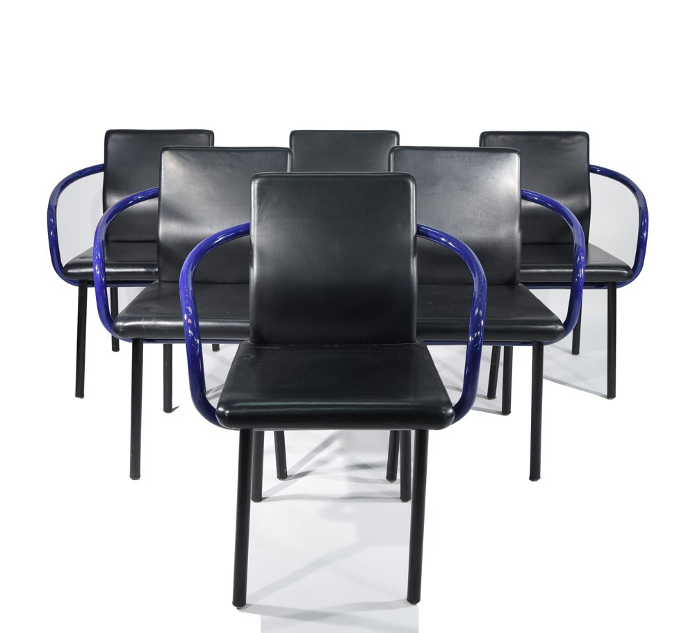 (6) ETTORE SOTTSASS MANDARIN CHAIR; KNOLL: Dimensions: H 33" X W 24" X D 26" Condition: Chips to paint finish throughout. A few scuffs to upholstery.