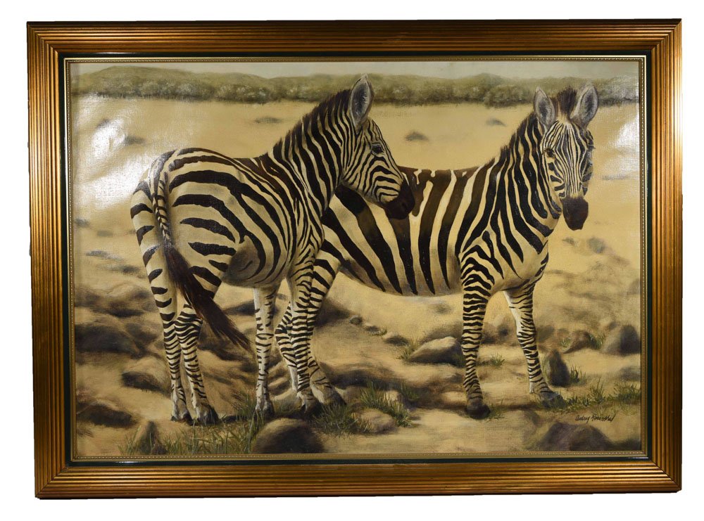 AUDREY ROSENTHAL O/C ZEBRA PAINTING: Dimensions: (frame) H 43.5" x W 59"; (sight) H 35.5" x W 52"
