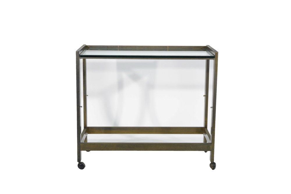 BRASS FINISH BAR CART: Dimensions: H 30" x W 34" x D 17" Condition: Finish loss. Missing center glass shelf and mirrored bottom shelf.