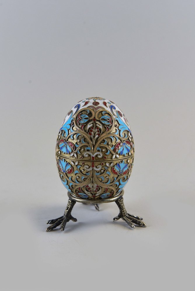 LATE 19TH C. RUSSIAN SILVER ENAMEL EGG WITH STAND (1 of 7)