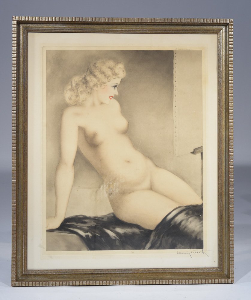 LOUIS ICART (FRENCH 1880-1950): Untitled (female nude),1933 Color etching, signed lower right Dimensions: framed H27 .5" x W 23", sight H24 3/4" x W 20" Condition: small tear upper right side. also has a stain on the left side of he