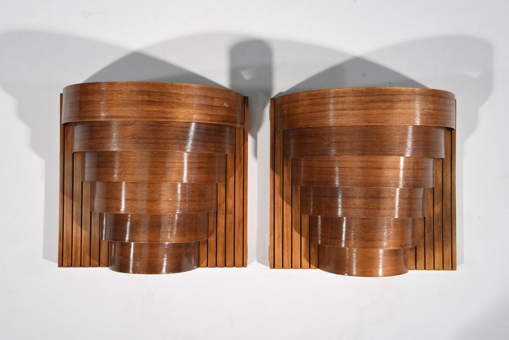 HENNING DYES - BENTWOOD SCONCES: PAIR SCANDINAVIAN BENTWOOD LIGHTS Dimensions: H 9.75" x W 10.25" x D 6.12" Note: " Artist retired 10 years ago, no longer in production. This is the last collection available." "Henning Dyes is a Cost