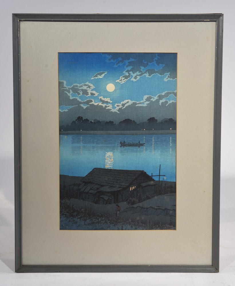 HASUI KAWASE (JAPAN 1883-1957): "Moon Over Arakawa River at Akabane", 1929.Color woodblock print, red chop stamped lower right.Dimensions: (framed) H 21.25" x W 16.25" (sight) H 14" x W 9"Condition: Has brown stains and hole on the 