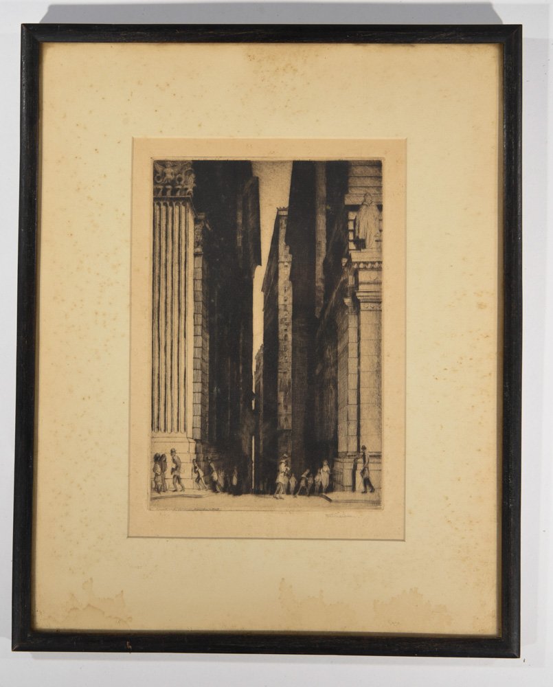 PETER MARCUS (AMERICAN, 1889-1934): Etching, "A Canon in Gotham (Exchange Place, C 1922) Dimensions: (framed) H 15.75" x W 12.5" (sight) H 10" x W 6.75" Condition: some foxing to the print
