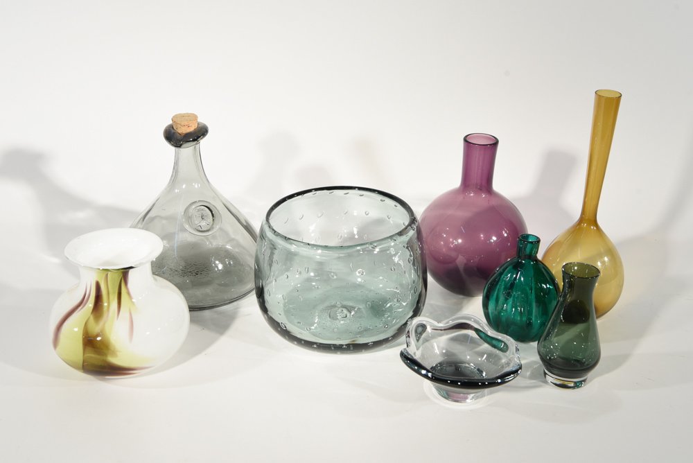 MID-CENTURY GLASS GROUPING: Arthur Percy Bottle, Per Lutken Cascade Vase, Ole Winther Viking Bottle for Holmegaard Dimensions larger vase: H 6.5" x Dia 8", 8 pieces