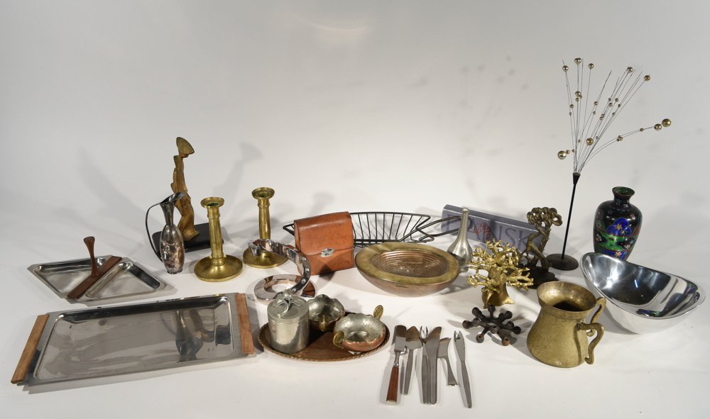 METALWARE GROUPING: Gunnar Cyran Dansk Spiral Candleholder, Ben Siebel Brass Bowl, Dansk Iron Spider Candleholder, Just Andersen Pewter Small Vase, Laurids Lonborg Spray Sculpture, Nekrassoff Jar, Ferris Shacknove Style