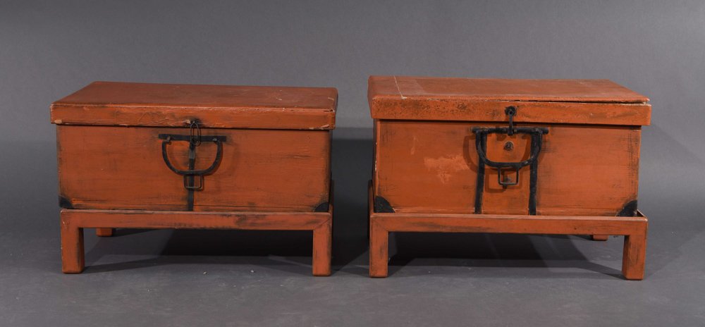 ANTIQUE PAIR RED LACQUER CHINESE CHEST ON STANDS (1 of 10)