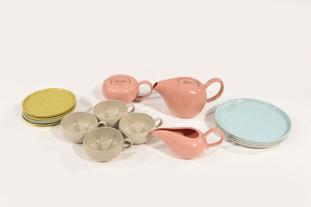 RUSSEL WRIGHT PLASTIC CHILDS SET 20 PIECES: Dimensions: H 3.5" x W 6.25" x D 3.25" (large pink tea pot)