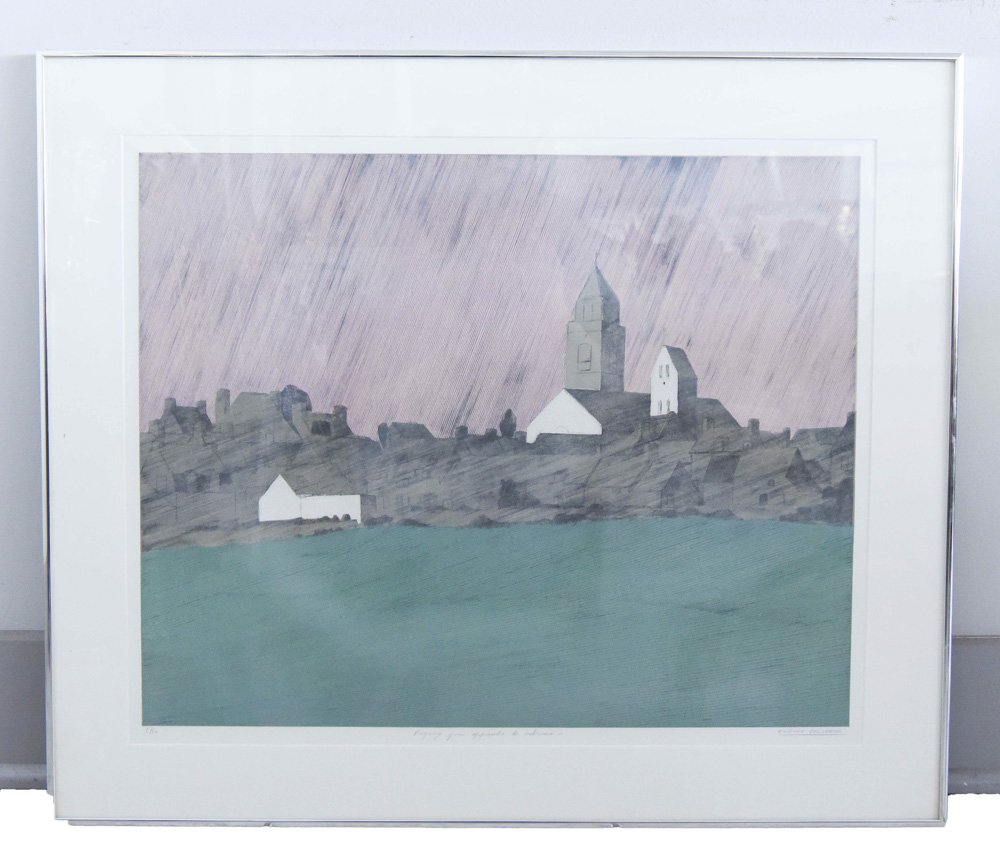 CLAUDE GROSCHENE (FRENCH 1941-: "Paysrge from appredre le cubisme" /" Paysrge appredre from Cubism " Color etching on paper, edition 5/50, and signed lower right. Dimensions: framed H26 1/4"x W 30 3/4"., sight H 20 5/8" x W 25"